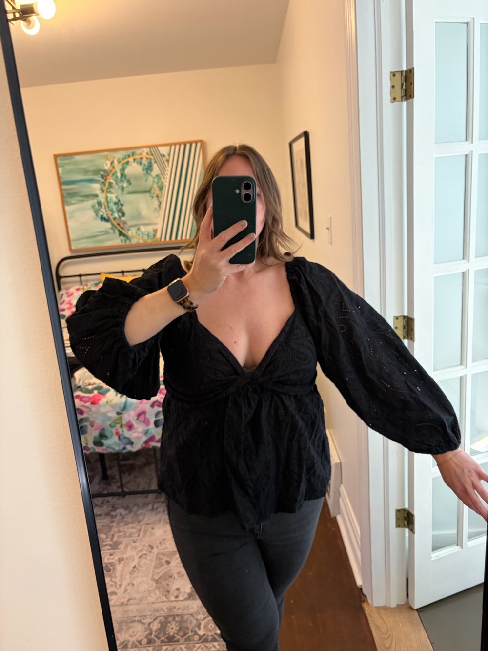 Banana Republic Black Eyelet Tie-Front Puff Sleeve Top